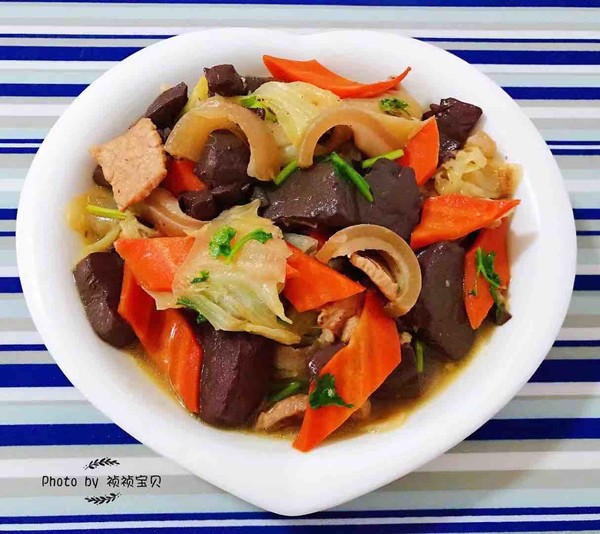 Pork Belly Stewed Duck Blood and Seasonal Vegetables recipe