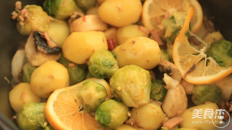 Curry Potatoes and Brussels Sprouts in Cast Iron Wok Style Cuisine recipe