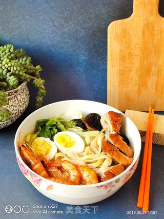 Braised Prawn Noodles with Roasted Duck and Mushrooms recipe