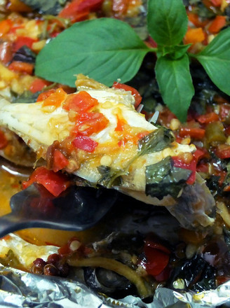 Baked Grilled Fish with Pickled Peppers and Basil