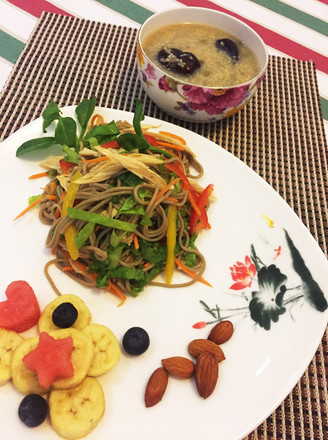 Soba Noodles Mixed with Colorful Vegetables and Golden Summer Porridge recipe