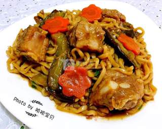 Braised Noodles with Spare Ribs and Eggplant recipe