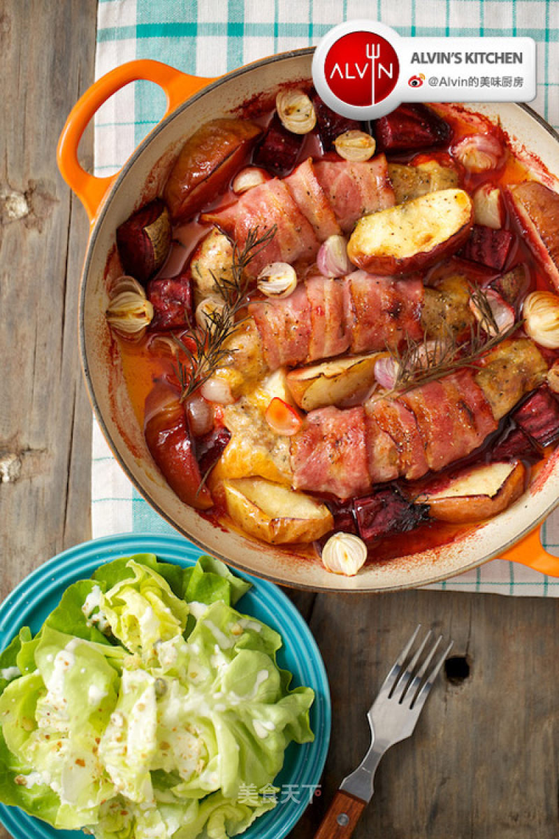 Assorted Sausage Bacon Grilled Dish and Large Leaf Salad recipe