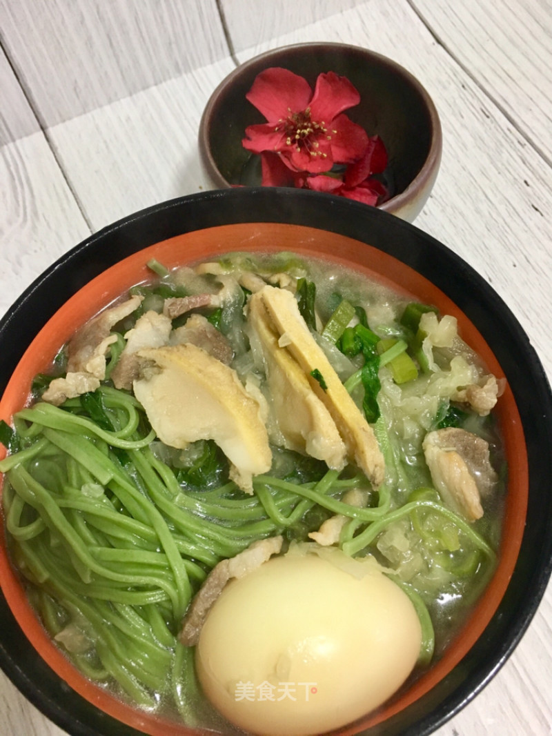 Noodle Soup with Eggs, Vegetables, Abalone and Spinach
