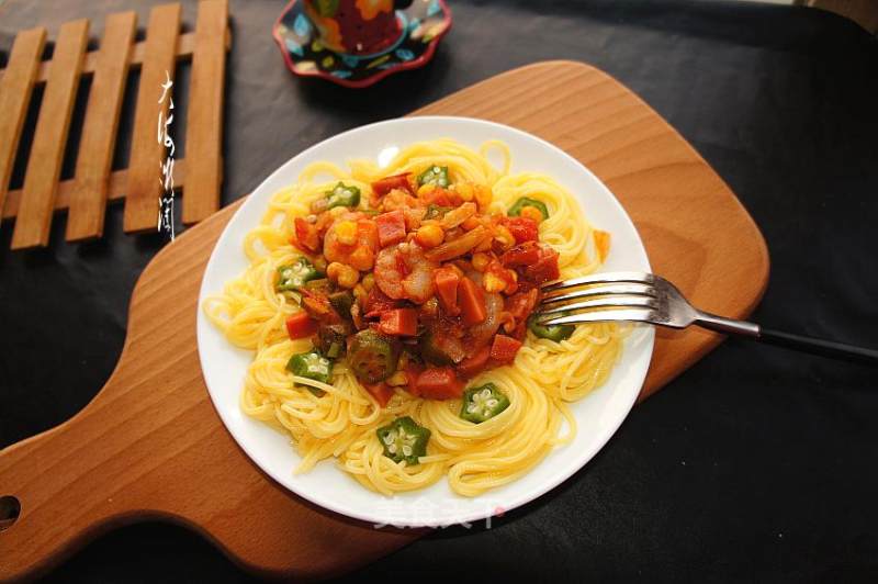 Tomato Shrimp Pasta with Okra Green Pepper recipe