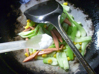 Stir-fried Vegetable Stems with Corn and Ham Sausage recipe