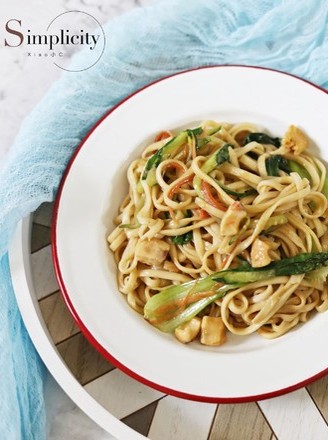 Fried Noodles with Salmon Sausage and Seasonal Vegetables