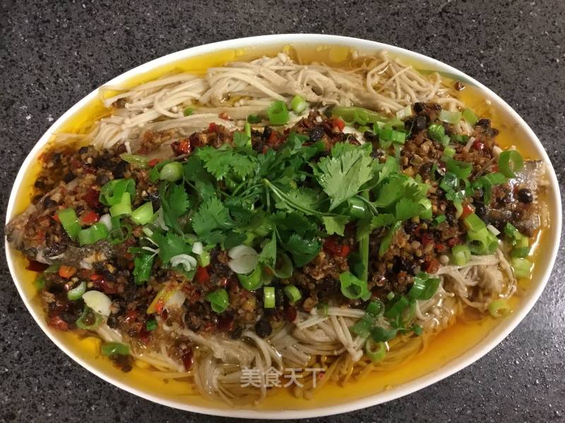 Steamed Sea Bass with Enoki Mushroom and Sichuan Black Bean Sauce recipe