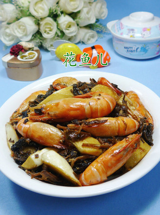 Stir-fried Large Head Shrimp with Plum Dried Vegetables and Rice White recipe