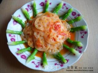 Tender Lotus Root Slices with Garlic Choy Sum and Tomato Sauce recipe