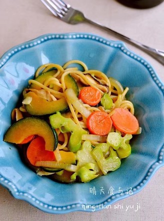 Stir-fried Pasta with Broccoli Stems, Vegetables and Soy Sauce!