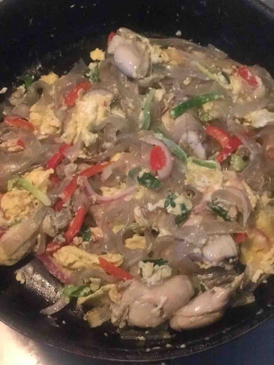Wide Potato Noodles, Seasonal Vegetables, Eggs, and Oysters recipe