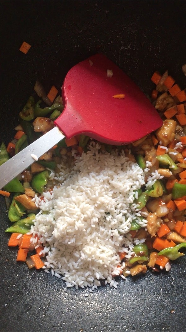 Cooked Rice with Three Vegetables Diced Pork recipe
