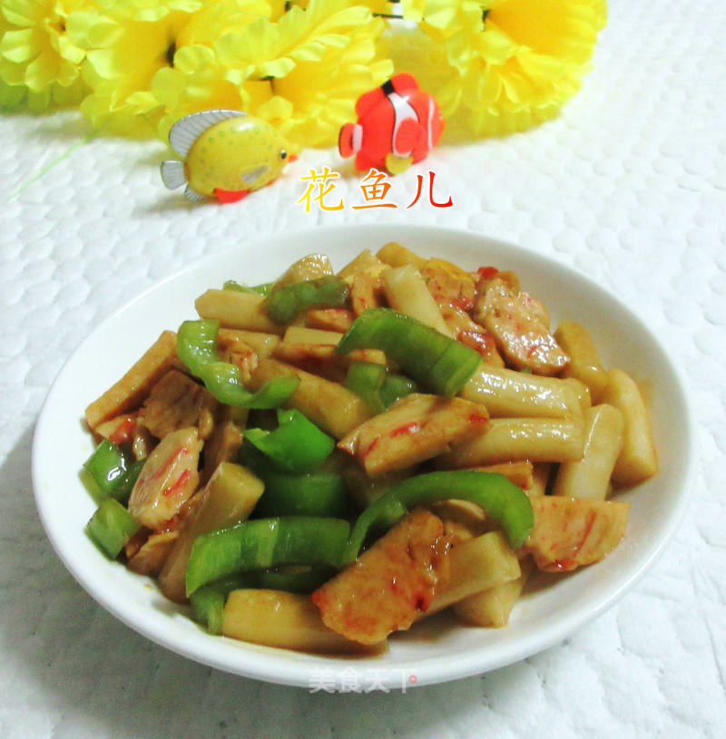 Stir-fried Rice Cake with Green Pepper and Shrimp Flavour Ball recipe