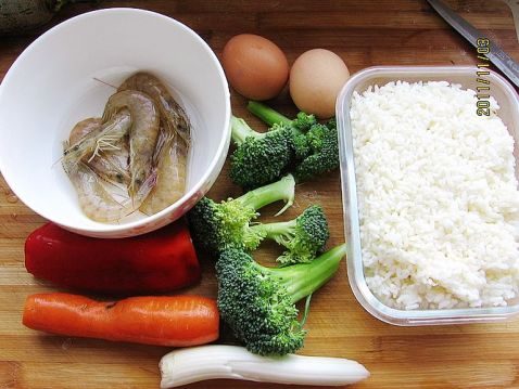 Fried Rice with Broccoli Shrimp Ball and Egg recipe