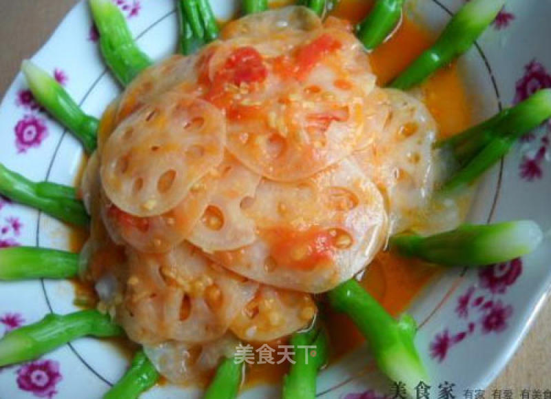Tender Lotus Root Slices with Garlic Choy Sum and Tomato Sauce recipe