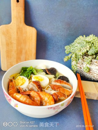 Braised Prawn Noodles with Roasted Duck and Mushrooms recipe