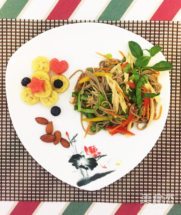 Soba Noodles Mixed with Colorful Vegetables and Golden Summer Porridge recipe