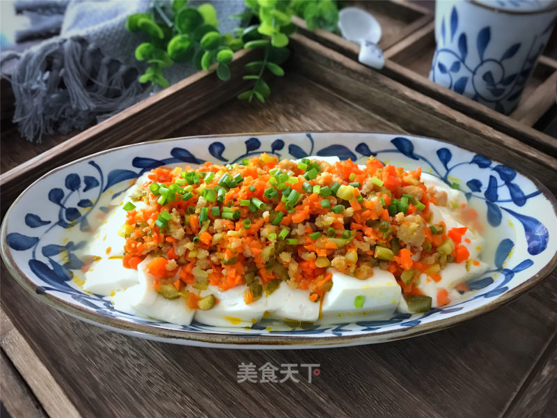 Steamed Tofu with Pickled Cucumber and Minced Pork recipe