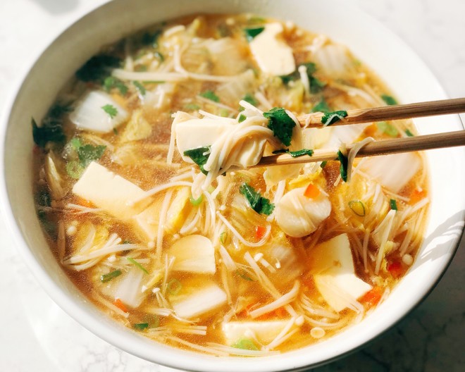 Reduced Fat Cabbage and Enoki Mushroom Tofu Soup recipe
