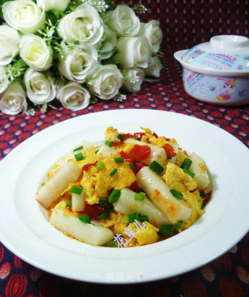 Stir-fried Rice Cake with Chopped Pepper and Egg recipe