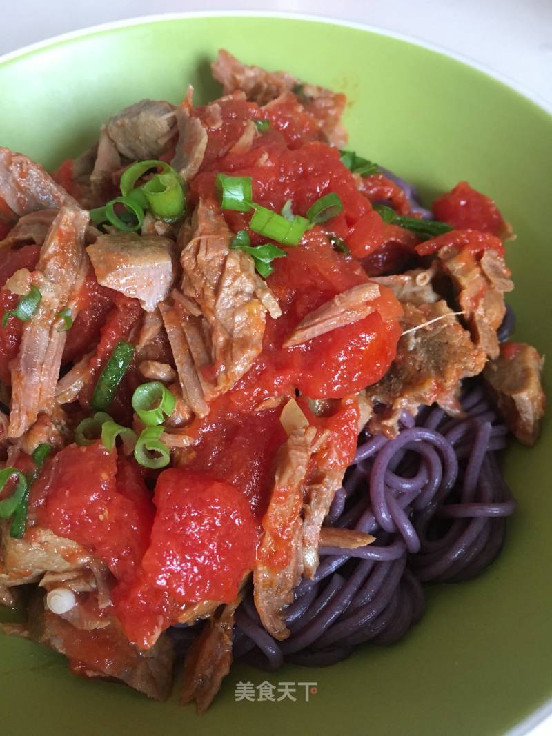 Purple Potato Noodles with Tomato Beef recipe