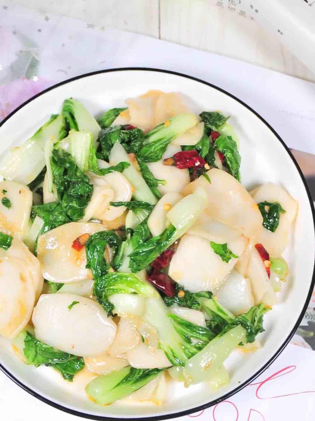 Stir-fried Rice Cake with Green Vegetables recipe