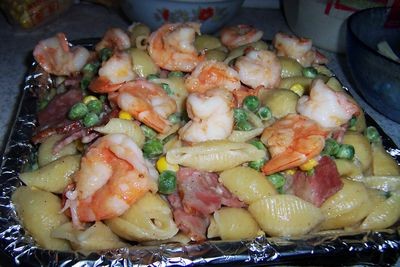 Baked Shellfish Noodles with Seafood and Bacon recipe