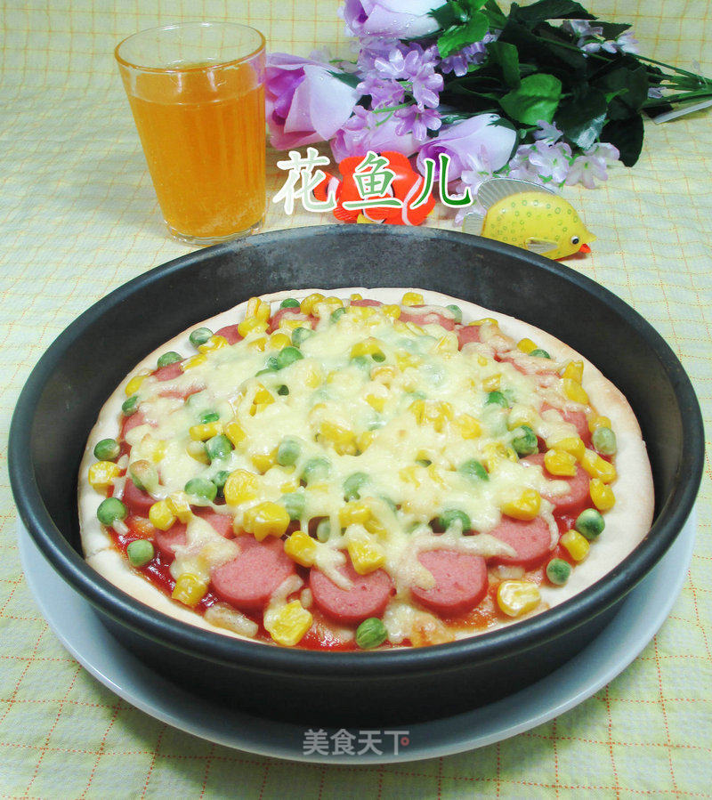 Ham Pizza with Green Beans and Corn Grains recipe