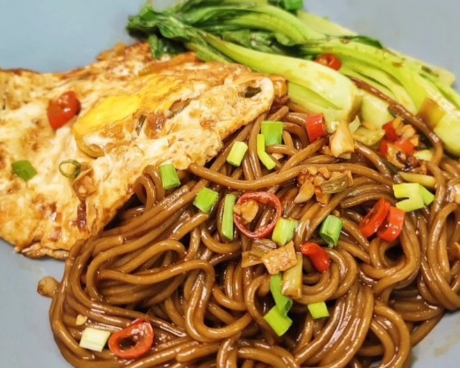 Braised Soba with Reduced Fat Poached Egg recipe