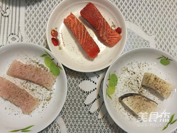 Pan-fried Salmon, Cod, Dragon Fish with Asparagus. recipe