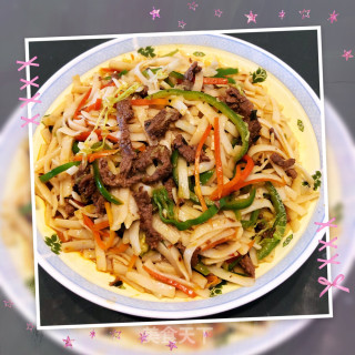 Stir-fried Niu He with Three Color Vegetables recipe