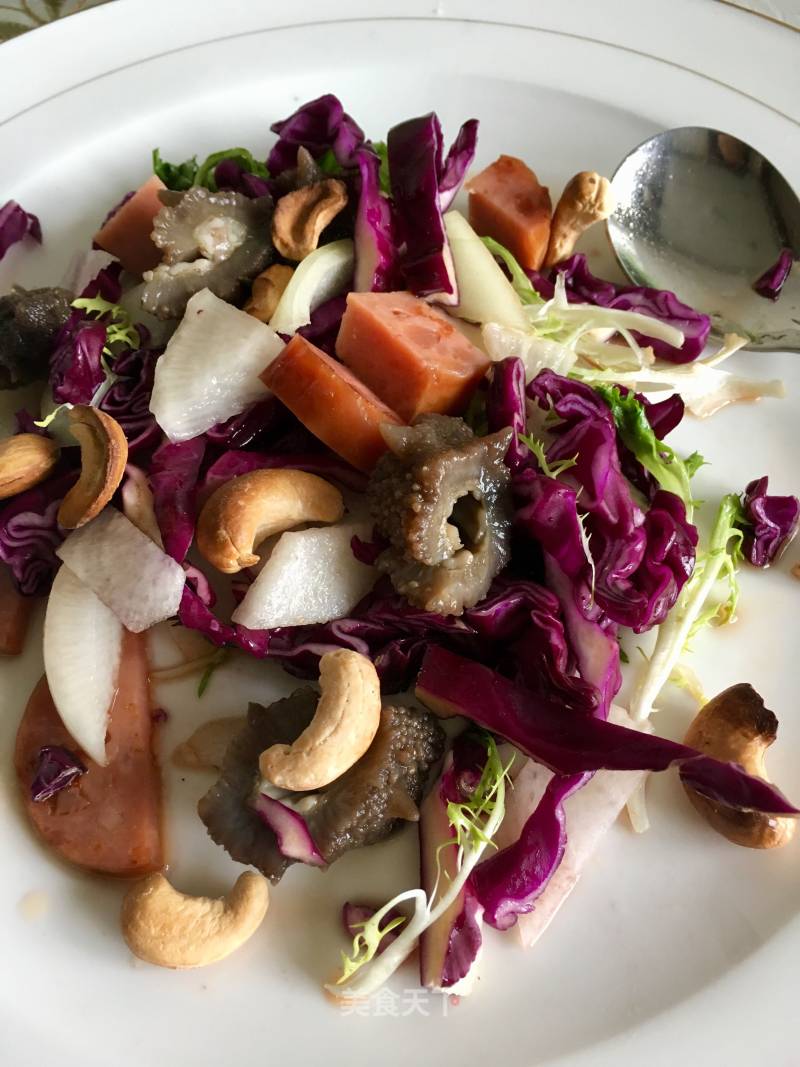 Seasonal Vegetable Salad with Sea Cucumber, Ham and Nuts recipe