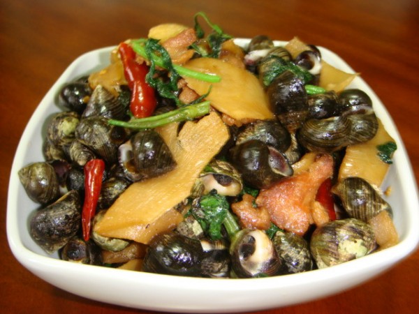 Fried Stone Snails with Sour Bamboo Shoots and Perilla recipe