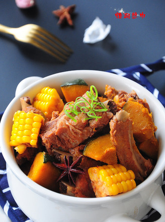 Braised Pork Ribs with Chestnut Flavored Pumpkin and Corn