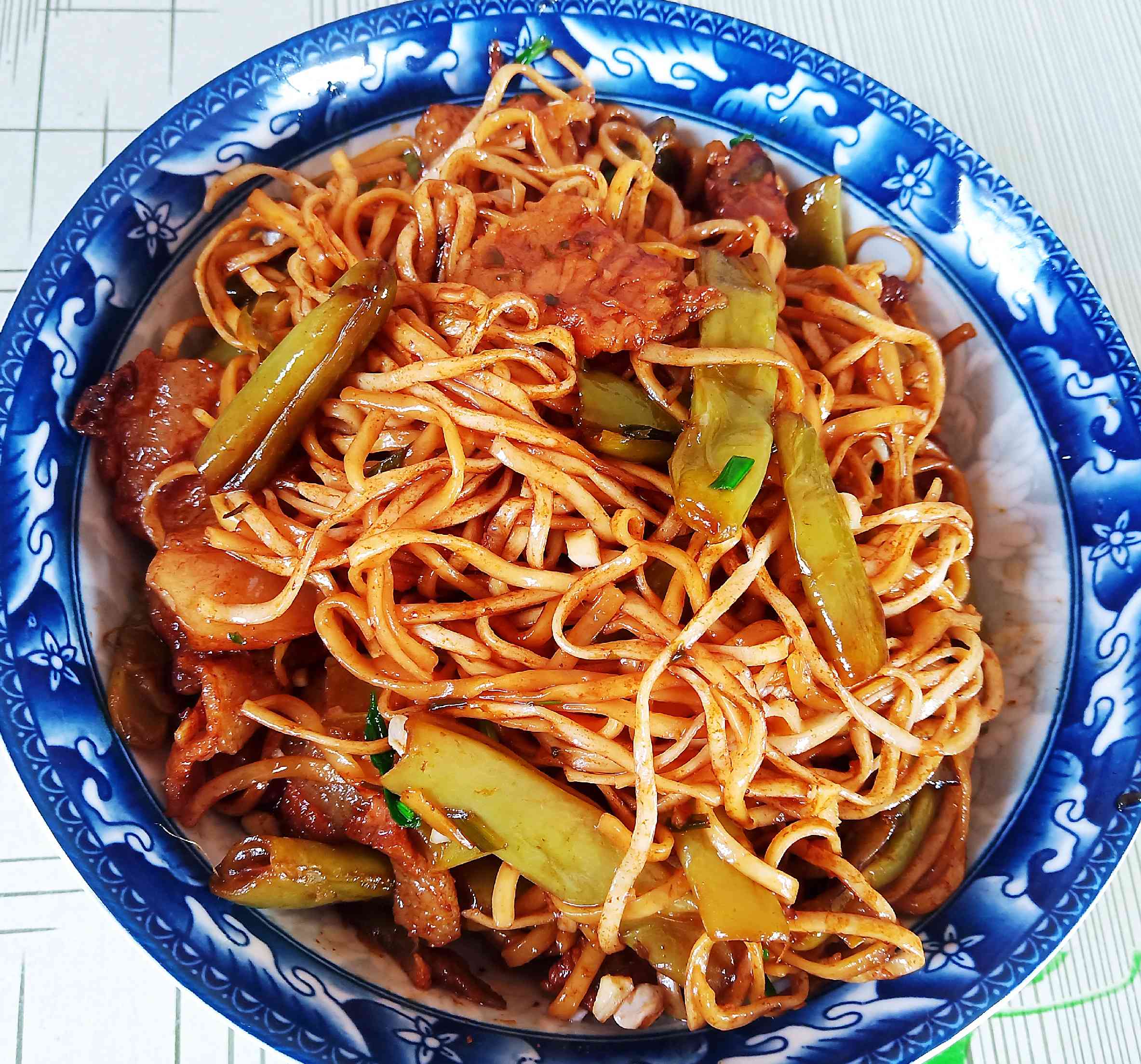 Braised Noodles with Pork Belly and Beans recipe