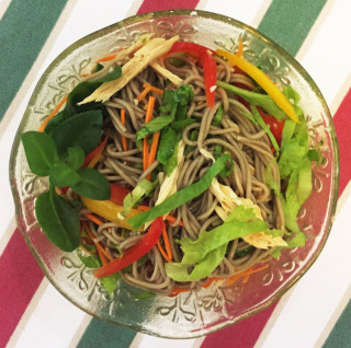 Soba Noodles Mixed with Colorful Vegetables and Golden Summer Porridge recipe