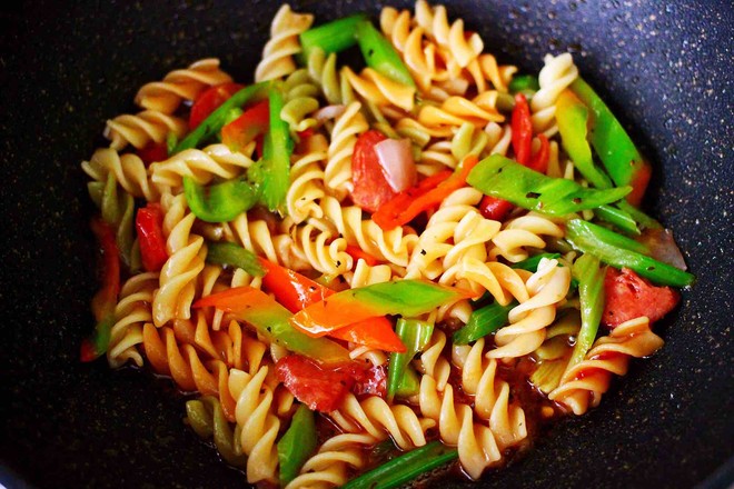 Stir-fried Pasta with Seasonal Vegetables and Basil recipe