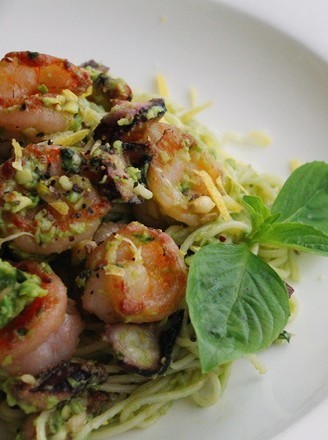 Seafood Spaghetti with Avocado Green Sauce recipe