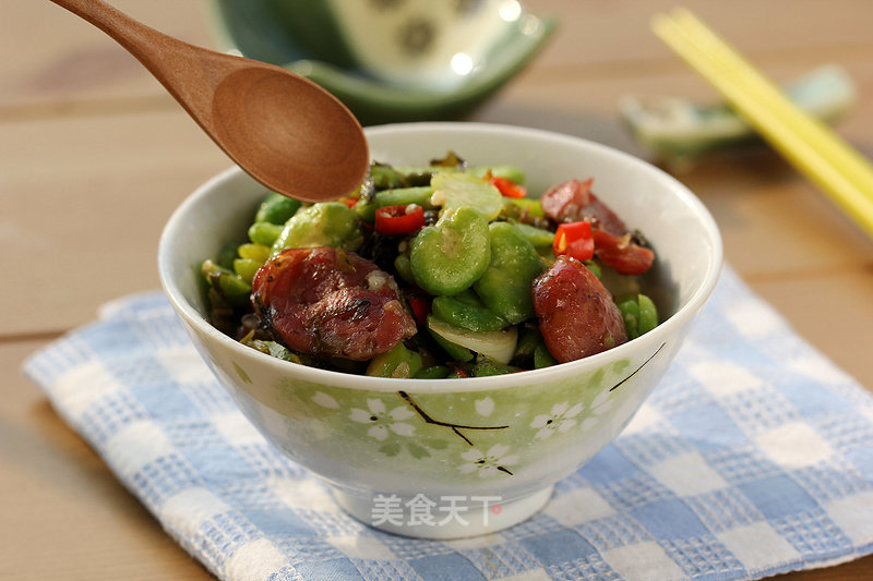 Fried Sausages with Pickled Vegetables, Broad Beans and Rice recipe