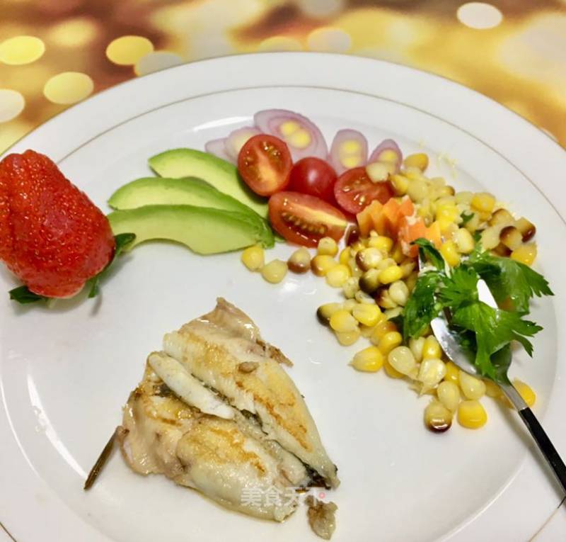 Fried Yellow Croaker with Avocado and Corn Salad