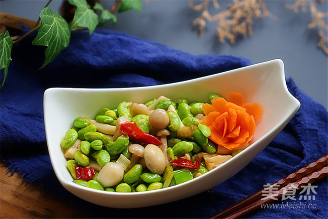 Stir-fried Edamame with Seafood, Mushroom and Oyster Sauce recipe