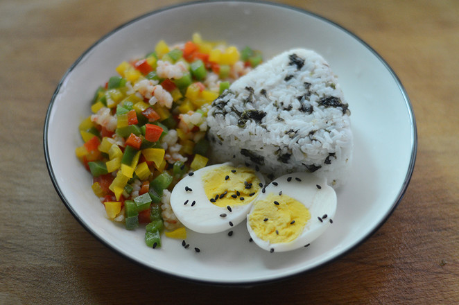 Diced Shrimp with Colored Pepper + Seaweed Rice Ball (complementary Food) recipe