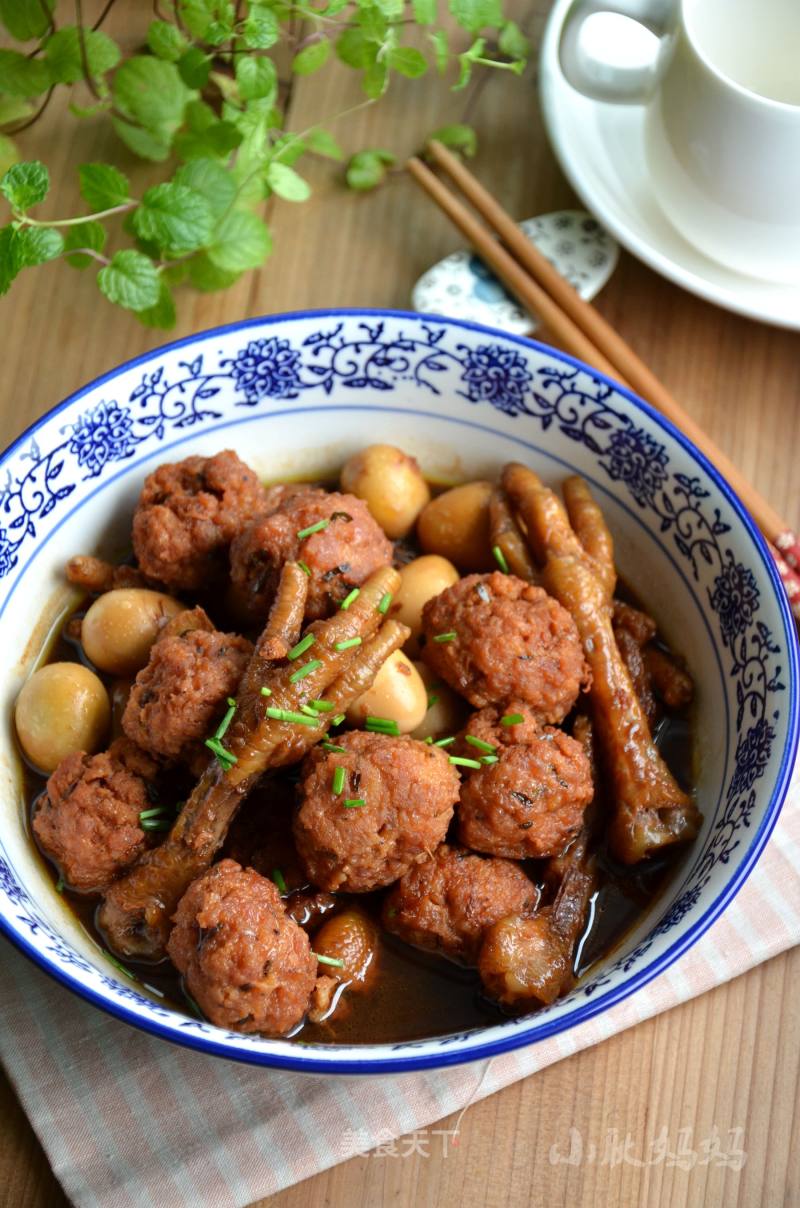 Roasted Meatballs with Chicken Feet and Quail Eggs recipe