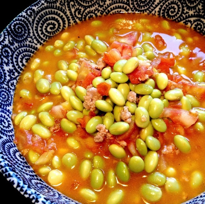 Grilled Edamame with Minced Meat and Tomato recipe