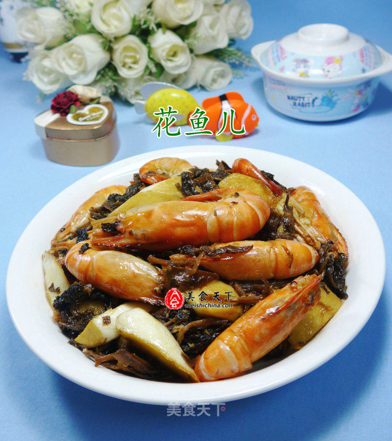 Stir-fried Large Head Shrimp with Plum Dried Vegetables and Rice White recipe
