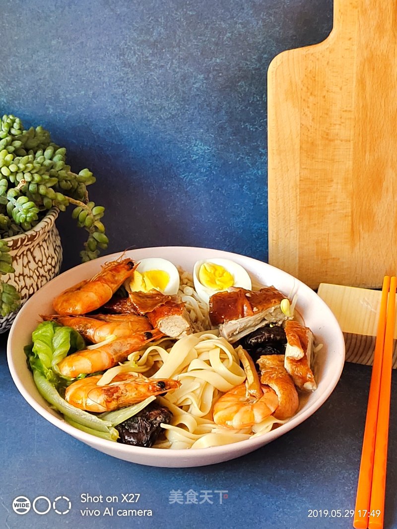 Braised Prawn Noodles with Roasted Duck and Mushrooms recipe