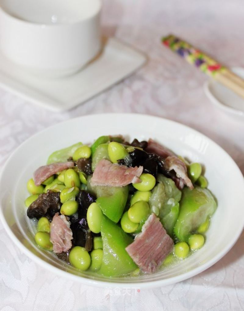 Stir-fried Edamame with Ham and Loofah recipe