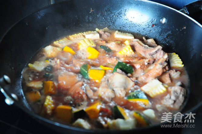 Braised Pork Ribs with Chestnut Flavored Pumpkin and Corn recipe