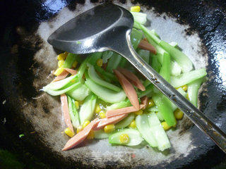 Stir-fried Vegetable Stems with Corn and Ham Sausage recipe